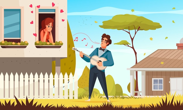 Guitar serenade composition with outdoor view of man in love singing songs to girl in window illustration