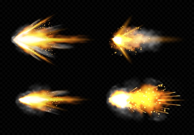 Gun flashes with fire and smoke. pistol shots set