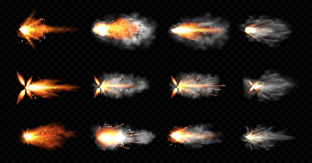 Gun flashes with smoke and fire sparkles. pistol shots clouds, muzzle shotgun explosion. blast motion, weapon bullets trails isolated on black background. realistic 3d illustration, icons set