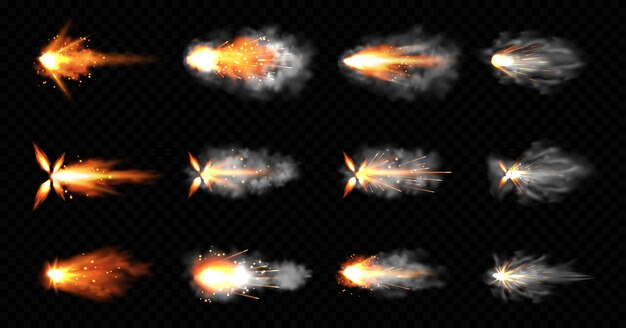 Gun flashes with smoke and fire sparkles. Pistol shots clouds, muzzle shotgun explosion. Blast motion, weapon bullets trails isolated on black background. Realistic 3d illustration, icons set