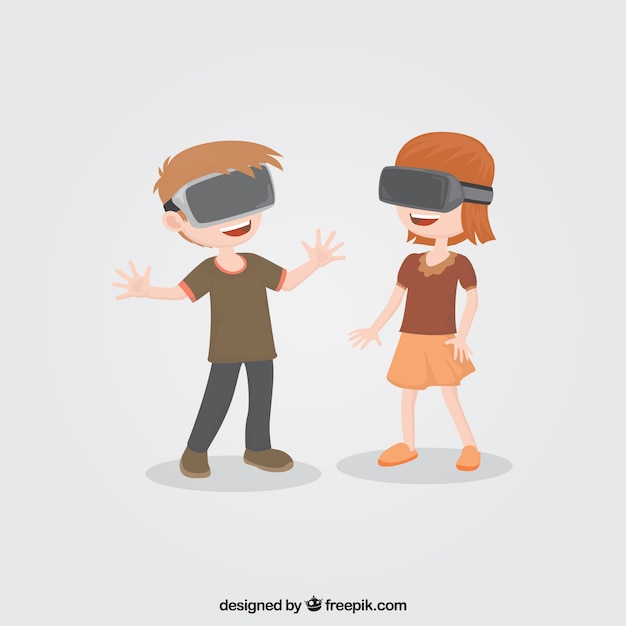 Free vector guys playing with virtual reality glasses
