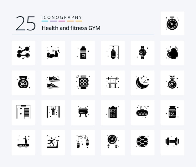 Gym 25 Solid Glyph icon pack including food watch bag sport sports