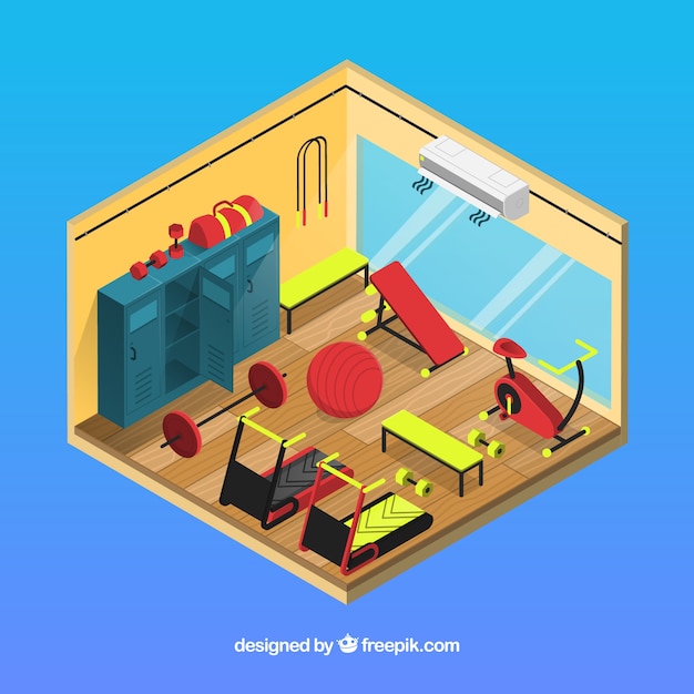 Free vector gym background with exercise machines in isometric style