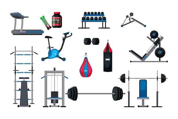 체육관 장비 삽화는 권투 운동 컬렉션을 위한 러닝 머신 러닝 머신 펀칭 백을 설정합니다.