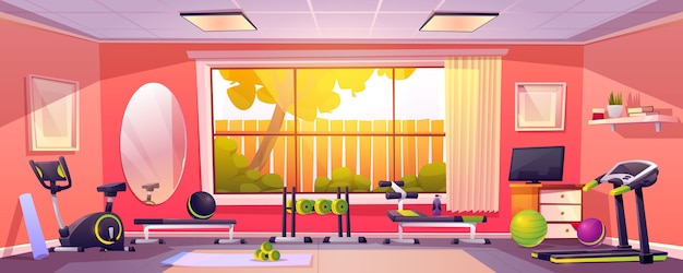 Free vector gym at home, empty room with sports equipment