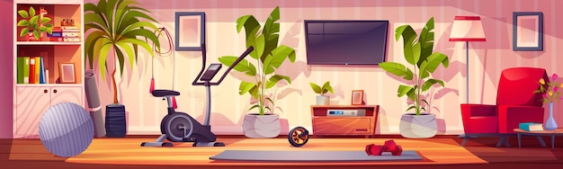 Free vector gym at home interior of domestic room with furniture tv and potted flowers exercise bike fitness mat ball and wheel dumbbells and jump rope cartoon equipment for cardio and strength workout