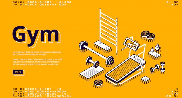 Free vector gym isometric landing page, fitness equipment