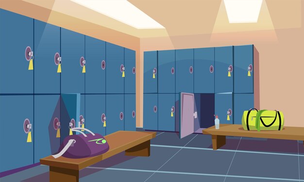 Gym locker room sportsman bag with clothes in fitness club changing room Wooden benches and blue metal closets sports cloakroom interior design with nobody inside
