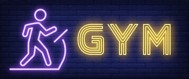 Gym neon sign. Glowing bar lettering with man on treadmill