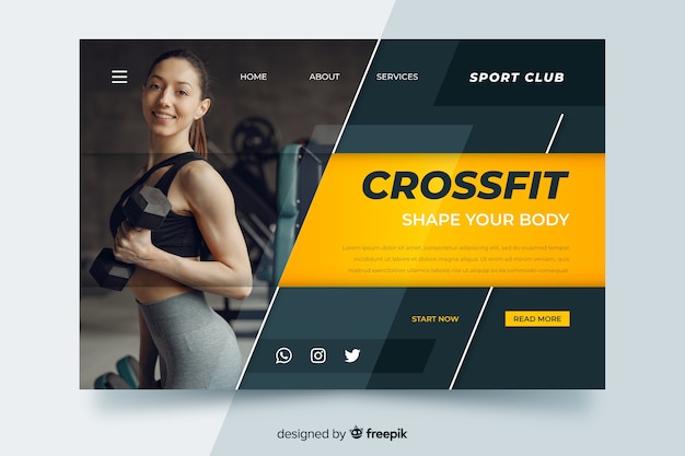 Free vector gym promotion landing page with photo