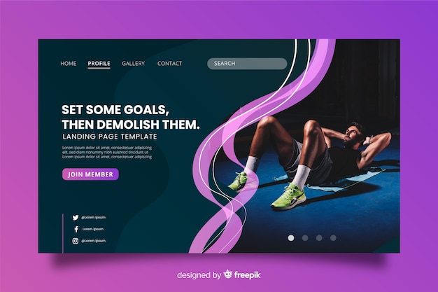 Free vector gym promotion landing page with photo