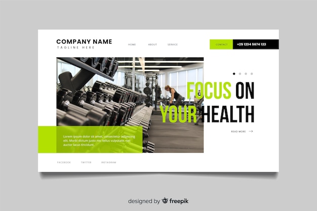 Gym promotion landing page with photo Free Vector
