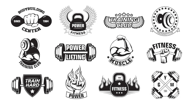 Gym retro logos set