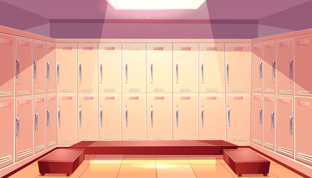 Free vector gym or sport club locker room interior cartoon with two rows of closed personal lockers