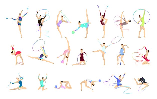 Gymnastics illustrations set Women in outfit with gymnastic equipment as ball and tape