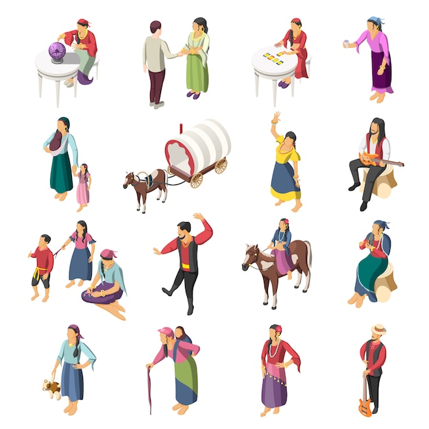 Free vector gypsies isometric icons set