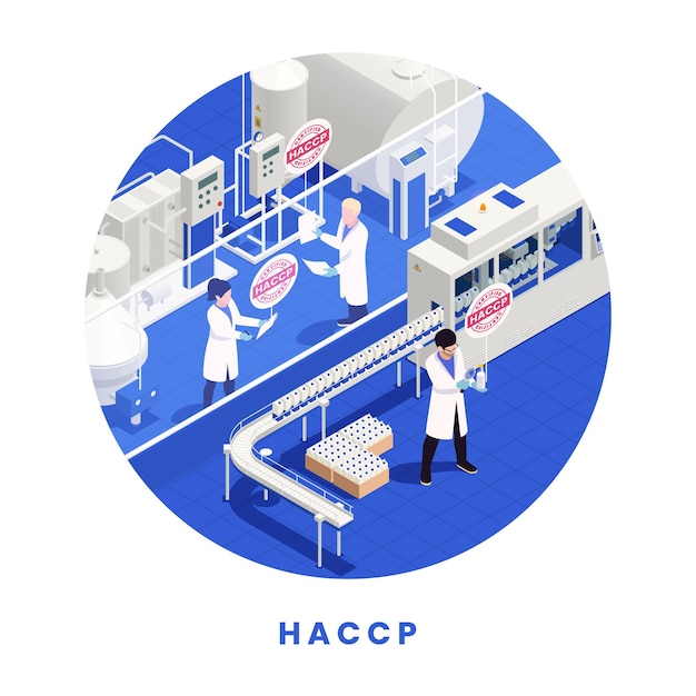 Концепция безопасности пищевых продуктов HACCP с линией по производству молока и изометрической векторной иллюстрацией работников лаборатории