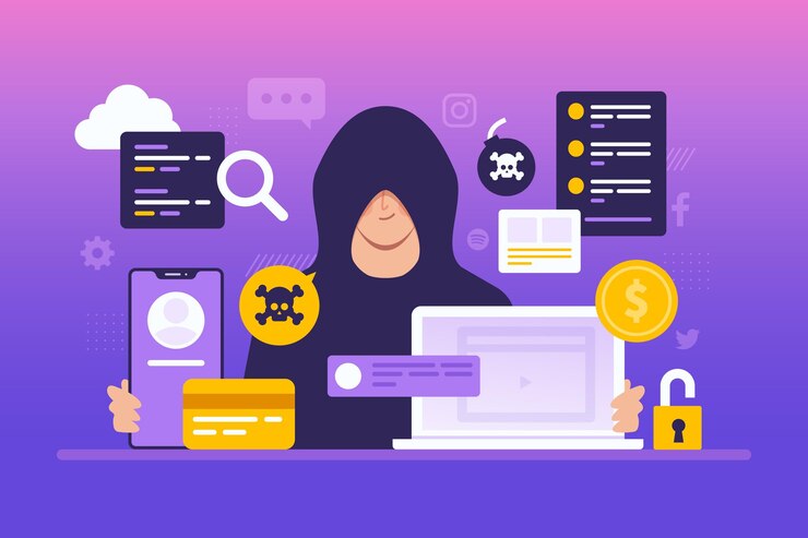 Free Vector hacker activity concept with man and devices