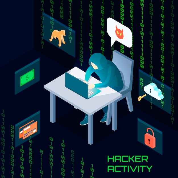 Бесплатное векторное изображение Изометрическая композиция хакерской активности