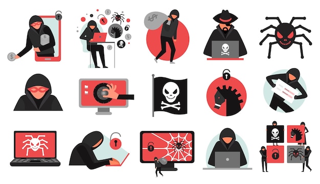 Hacker activity set of black red icons breaking of account malware