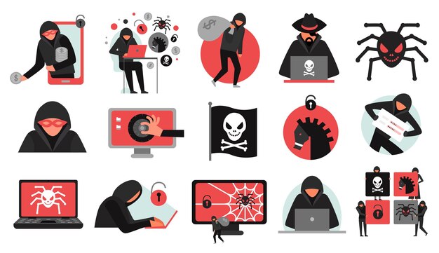 hacker activity set of black red icons breaking of account malware