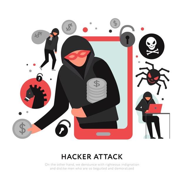 白い平らなイラストのデジタル強盗とマルウェアのアイコンでハッカー攻撃