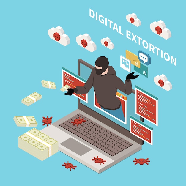 Hacker fishing digital crime isometric concept with digital extortion illustration