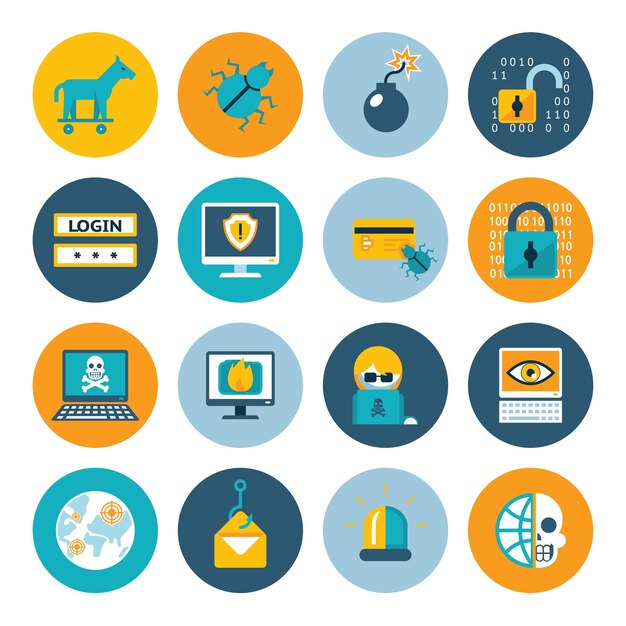 Hacker flat icons. Badges in colorful circles on a white background. Vector illustration