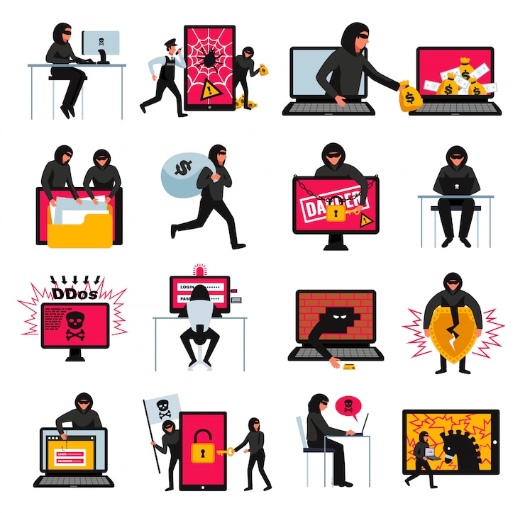 Free Vector hacker icons set with online threats and attacks symbols flat isolated  illustration