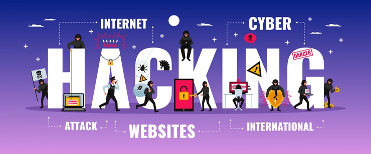 無料Vector サイバー攻撃のシンボルフラットイラストとハッカータイポグラフィバナー