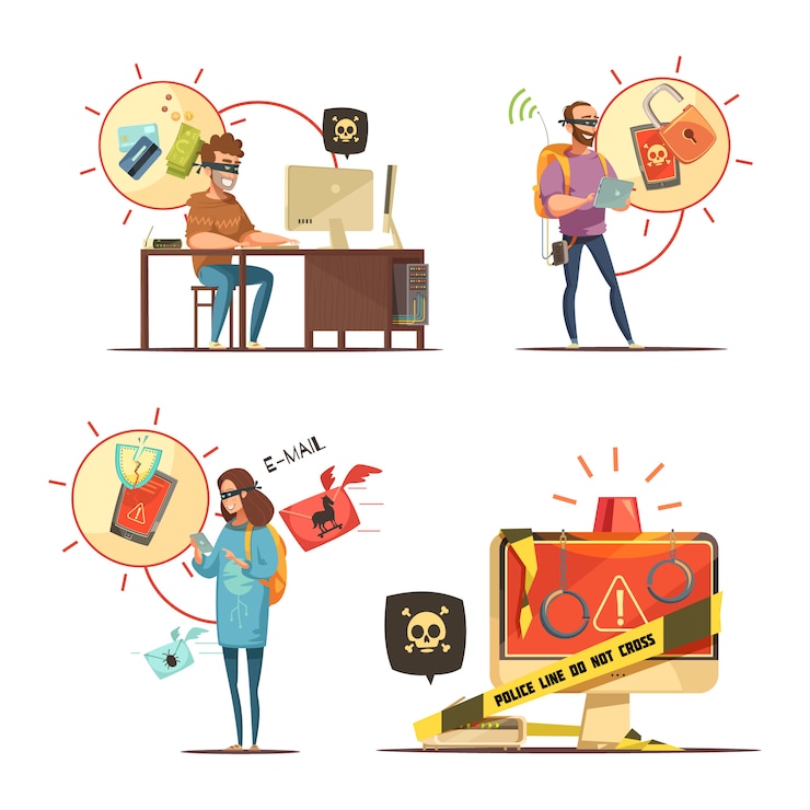 Free Vector hackers breaking bank accounts and mobile devices access crime 4 retro cartoon icons composition iso