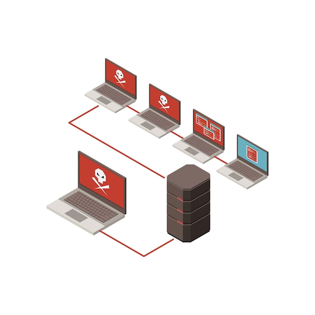 Hacking illustrazione isometrica con server infetto e laptop 3d