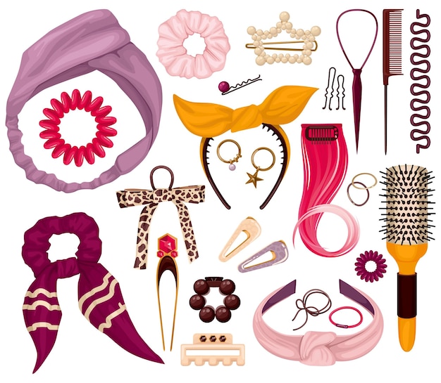 Набор цветов аксессуаров для волос из резинок для волос, шпилек, шпилек, резинок для волос, изолированных на белом фоне, векторная иллюстрация