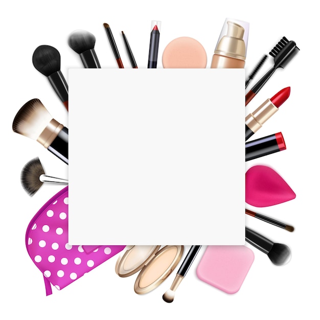 Free vector hair coloring realistic composition with empty square frame on top of cosmetics bag contents brushes eyeliners