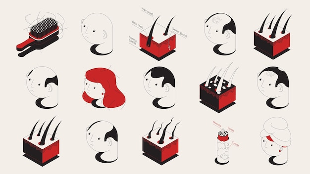 Hair problems isometric set with isolated icons of hair samples human heads and medical care products vector illustration