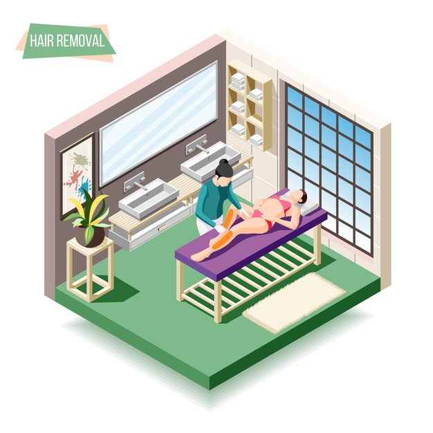 Hair removal isometric composition with woman doing sugaring in beauty salon 3d 