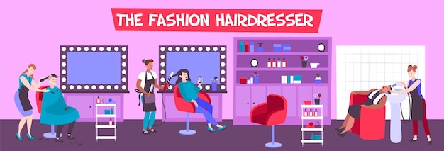 Hair salon interior with customers and hairdressers creating fashionable hairstyles