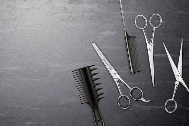 Hairdress tools background with comb and scissors on table realistic