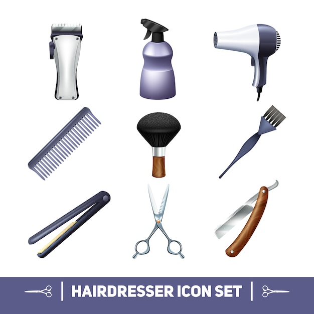 Vettore gratuito set di icone di accessori parrucchiere e professione barbiere attrezzature