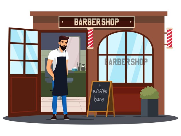 Hairdresser in barber shop small business open entrance Owner of hairdressing store standing and welcoming people inside local downtown market for haircuts