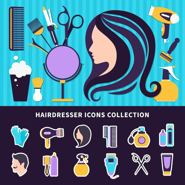 Composizione colorata parrucchiere con elementi di stile e strumenti per barbiere e salone di bellezza