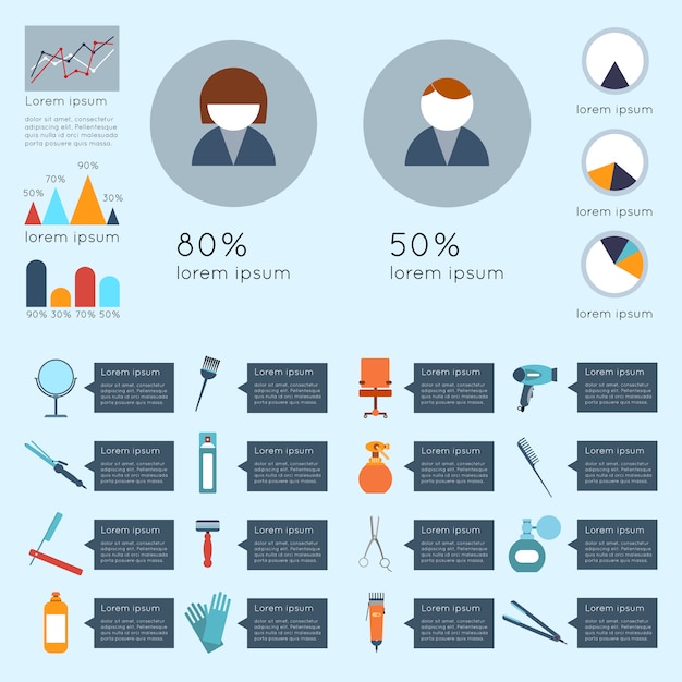 미용사 infographic 템플릿 차트 아름다움 머리 액세서리 및 장비 벡터 일러스트 레이 션 설정