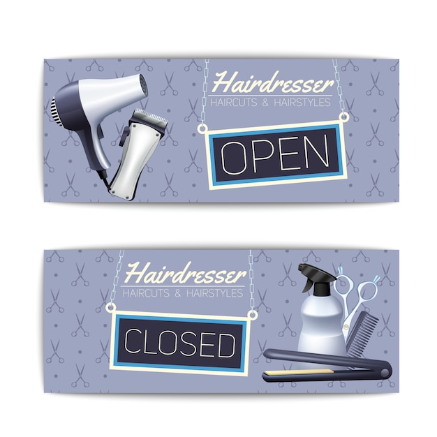 Free vector hairdresser open and close signboard with haircut and hairstyle text color banner set