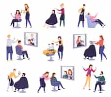 Free vector hairdressers barbers and their happy clients at beauty salon flat set isolated vector illustration