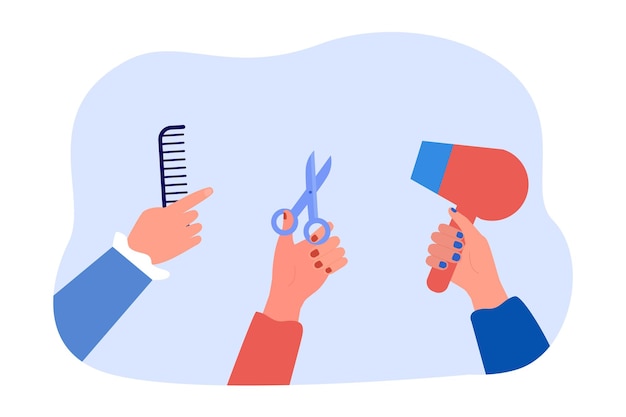 Free vector hairdressers hands holding comb, scissors and hairdryer. female hairstylists cutting hair, making hairstyle and haircut in beauty salon flat vector illustration. barber service, barbershop concept