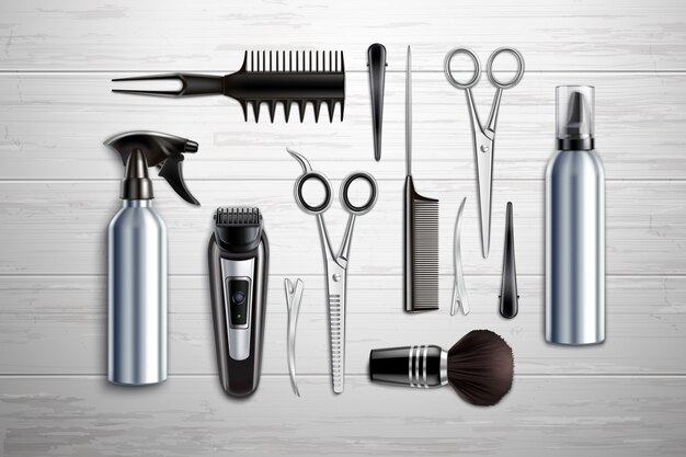 Hairdressing salon barber shop tools collection realistic top view with scissors trimmer clipper monochrome wooden table vector illustration