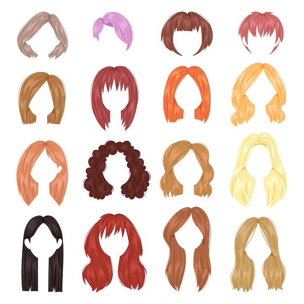 髪型女性女性ヘアカットショートまたはロングの髪とかつらのイラスト理髪または白い背景で隔離の色で散髪 プレミアムベクター