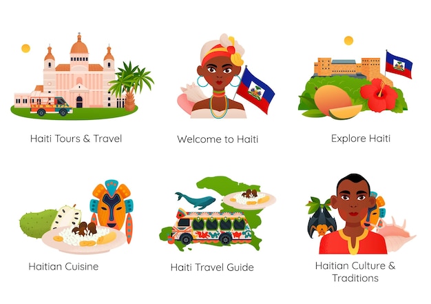 Free vector haiti travel guide culture and traditions flat compositions set with landmark cuisine people isolated vector illustration