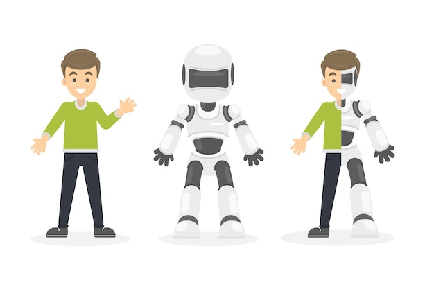 Free vector half cyborg half human isolated set of illustrations with happy smiling man and white robot