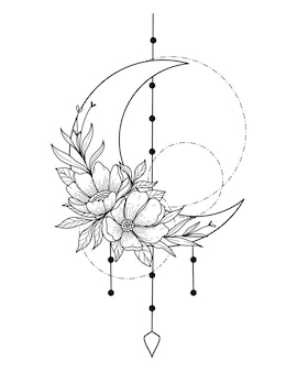 Half Moon Dream Catcher With Flower Doodle Line Art